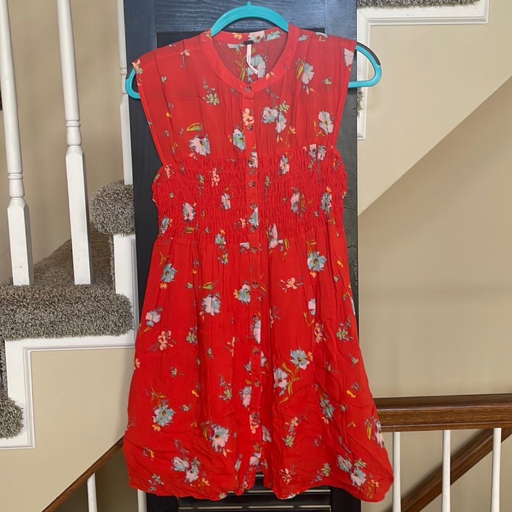 Free People sundress, SMALL, coral orange with blue, white and yellow flowers